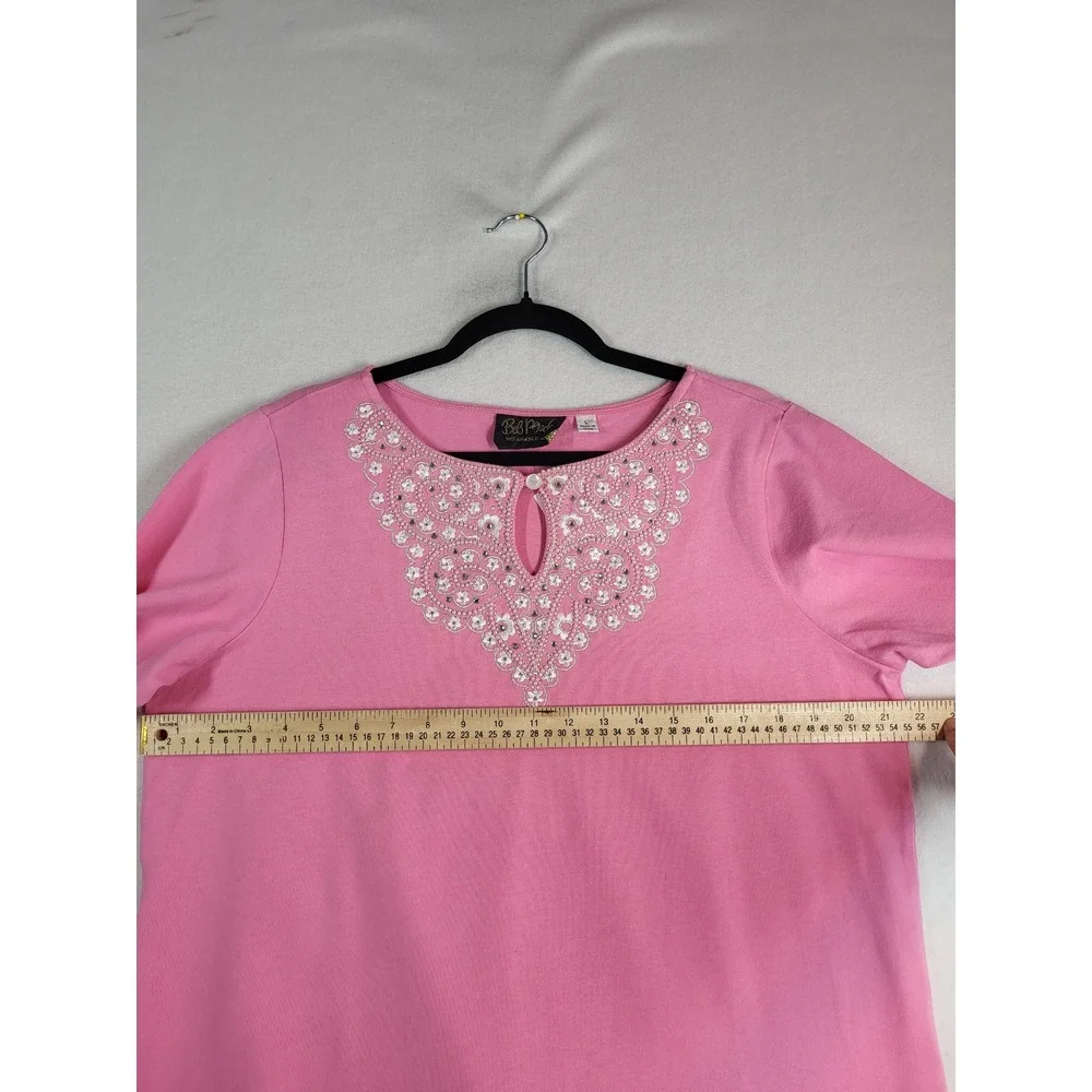 Bob Mackie Wearable Art Pink Beaded Embroidered Floral Keyhole Sweater L NWT